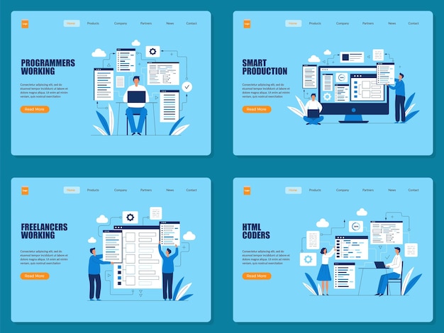 codders landing freelance workers making programming code smart industry characters designers vector web page template of work programmer smart illustration technology
