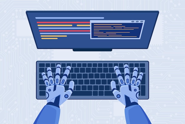 Code automation development programming using AI top view of coding robot hands