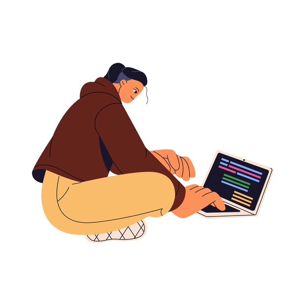 Coder working on laptop Freelance programmer writing code script Software engineer typing testing development Frontend backend programming Flat isolated vector illustration on white background