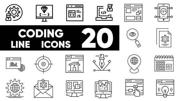 Coding line icons vector and Illustrator set