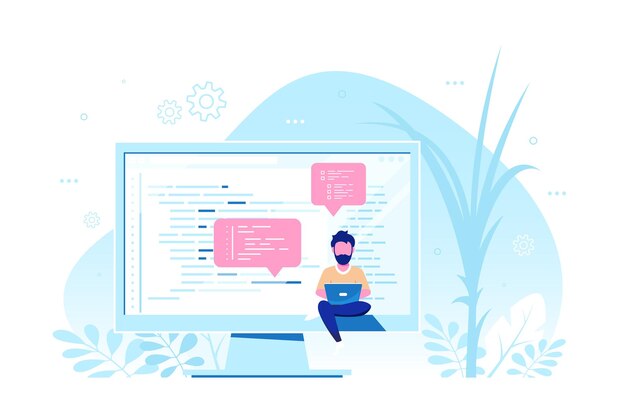 Coding, programming, application development concept. Caucasian Man Programmer sitting on the big computer screen and working. Flat style banner design