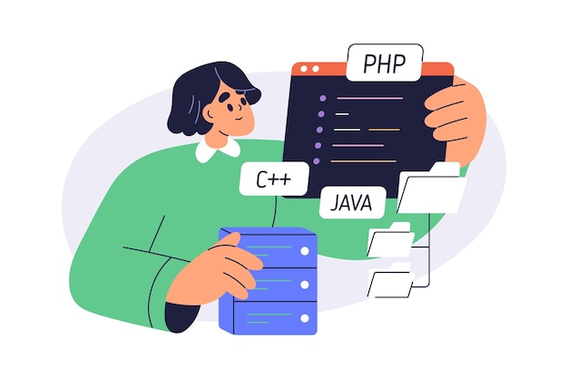 Coding programming backend development concept Software engineer working with different computer languages Coder programmer and scripts Flat vector illustration isolated on white background