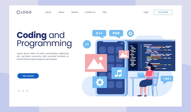 Coding programming languages css html it ui programmer cartoon character developing website design flat illustration landing page
