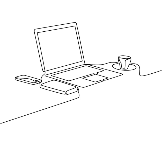 coffee cup and laptop oneline continuous single editable line art