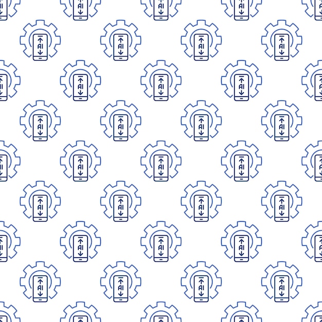 Cog Wheel and AI Smartphone vector Artificial Intelligence in Phone Settings linear Seamless Pattern