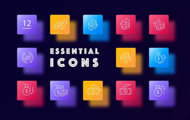 Coin icon set Currency wealth value history Money concept Glassmorphism style Vector line icon for Business and Advertising