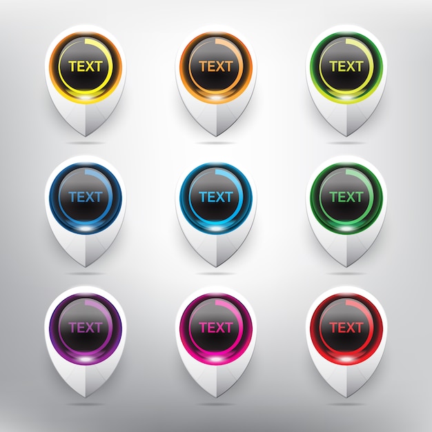 Collection of 9 blank map markers. Isolated