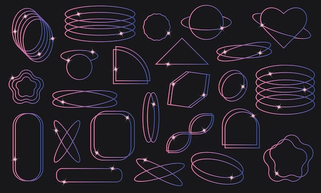 Collection of 90s geometric shapes retro Y2K design with bright frames sequins and iconic symbols Vector illustration