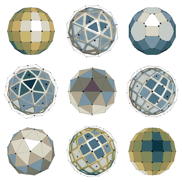 collection of abstract vector low poly objects with lines and dots connected. set of futuristic balls with overlapping lines mesh and geometric figures. 3d shapes can be used in technical modeling.