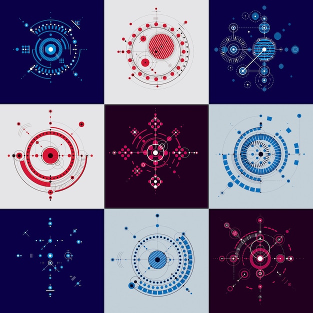 collection of bauhaus retro wallpapers, art vector background made using lines and circles. geometric graphic 1960s illustration can be used as booklet cover design. technological pattern.