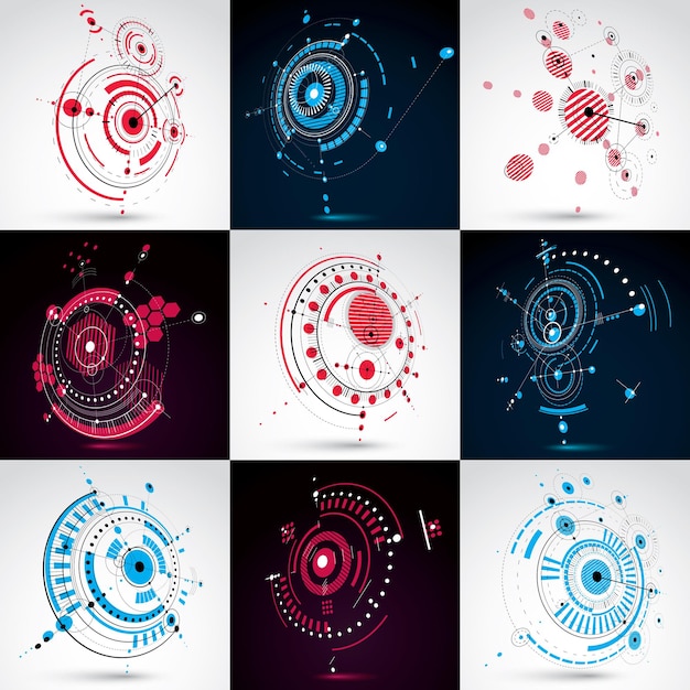collection of bauhaus wallpapers, art dimensional vector background made with lines and circles. graphic 1960s illustration can be used as booklet cover design. 3d technological pattern.