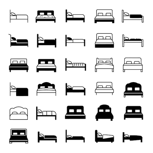 Collection of bed icons for bedroom design and interiors