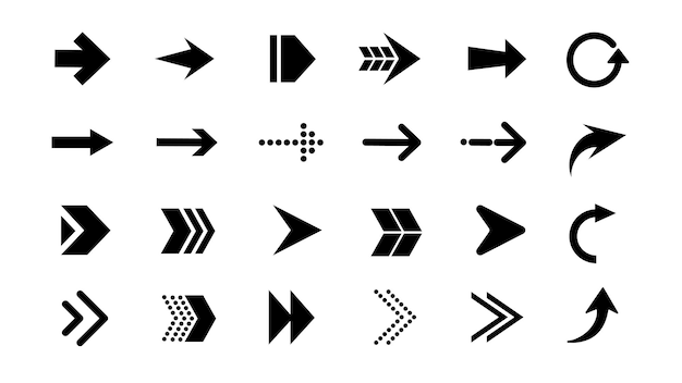 Collection of black arrow icons in various styles Arrows pointing in different directions Simple arrow designs for navigation and direction Arrow symbols Graphic element set Vectors