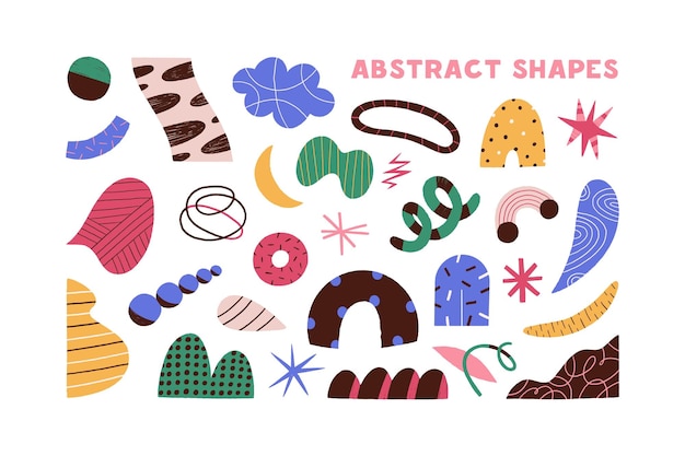 Collection of colorful doodle objects vector flat illustration. Set of different abstract shapes - circle and curved line, spots, stars isolated on white. Trendy decorative elements.