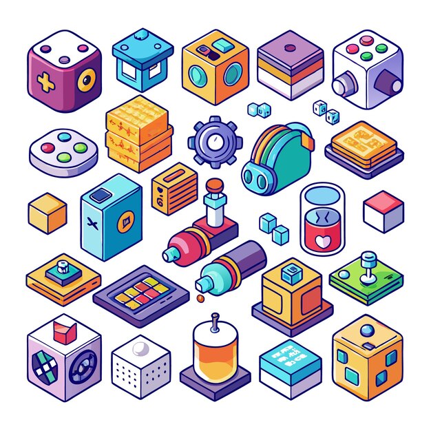 Collection of colorful isometric icons representing various objects and concepts