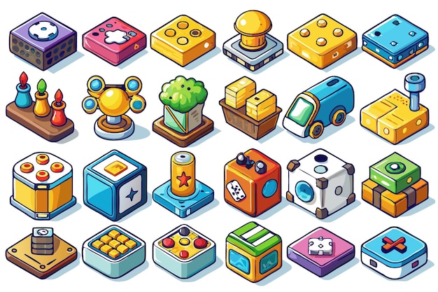 Collection of colorful isometric icons representing various objects and concepts