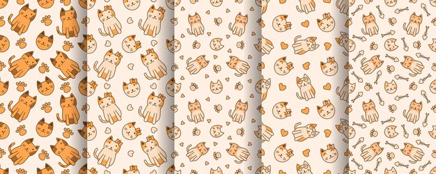 Collection of cute cat abstract seamless pattern
