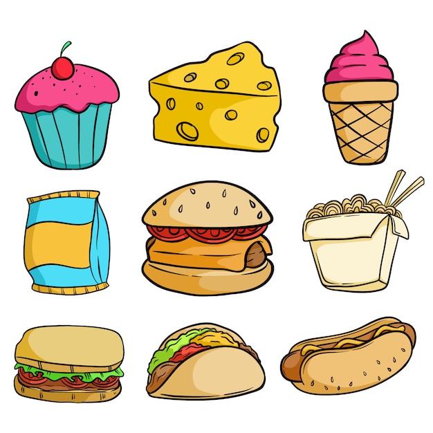 Collection of Delicious Junk Food With Doodle Style