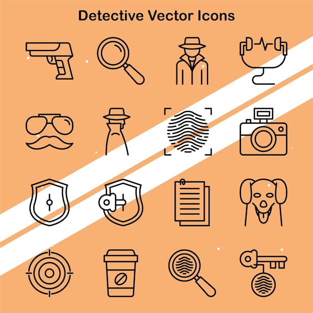 collection of detective icons depicting investigation and mystery elements perfect for crime