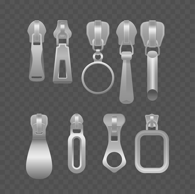 Collection Of Different Metallic Zipper Designs Transparent Background Realistic 3d Vector