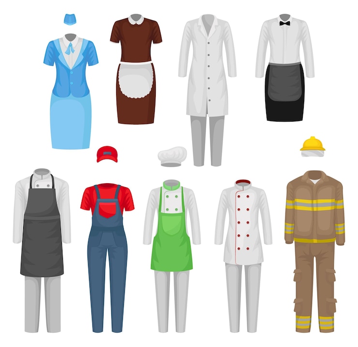 Vektör collection of different staff clothing clothes of restaurant workers maid stewardess firefighter male and female garment workwear theme flat vector illustrations isolated on white background