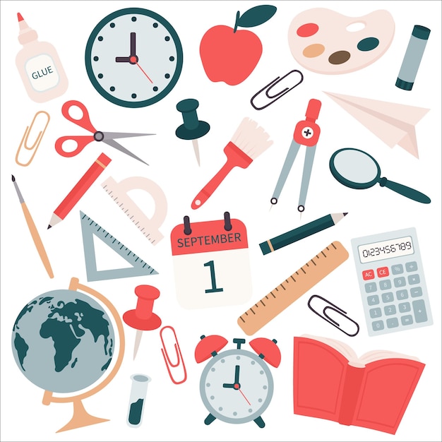 Collection of doodles school items office stationery