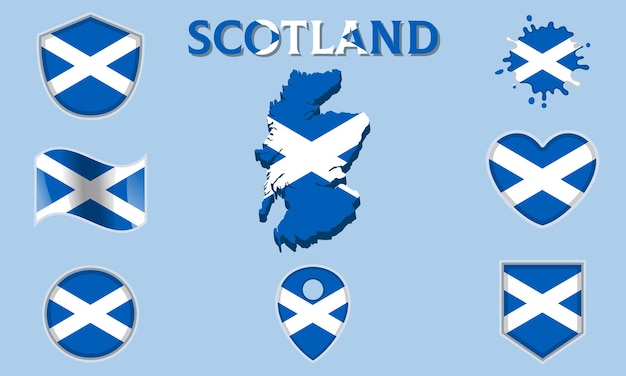 collection of flat national flags of scotland with map
