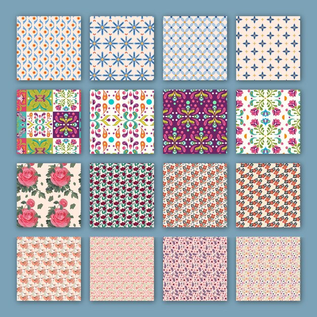 Collection of floral and geometric patterns for fabric and surface designs