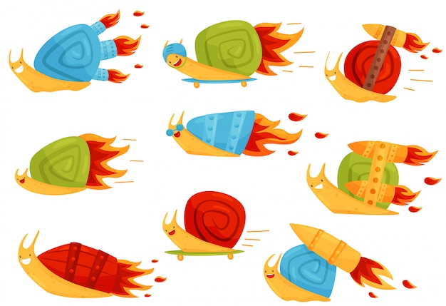 Collection of funny snails with turbo speed boosters, fast mollusk cartoon characters  Illustration on a white background