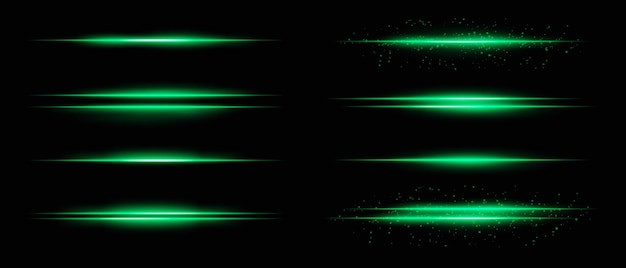 Collection of green horizontal light beams with glow sparkles and subtle particle effects Radiant lines and glare on a dark background ideal for adding highlight and intensity