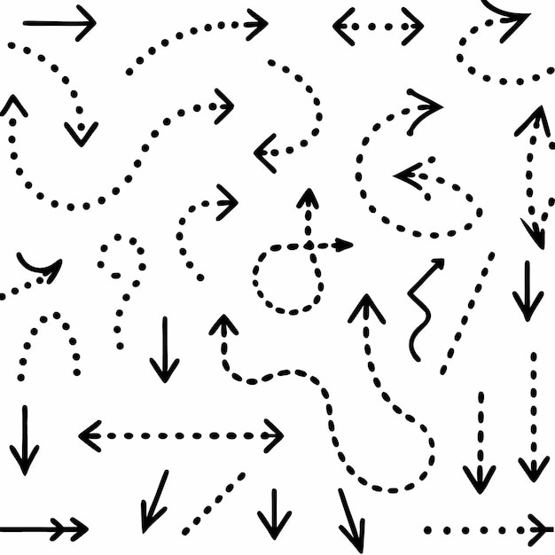 Collection of hand drawn arrows with dotted lines isolated on white background