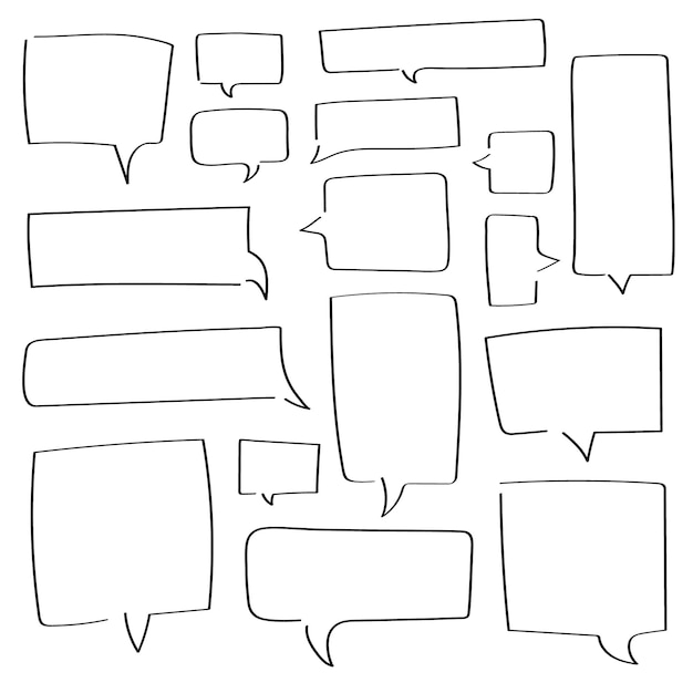 Collection of hand drawn square speech bubbles. Doodle chat clouds on white background