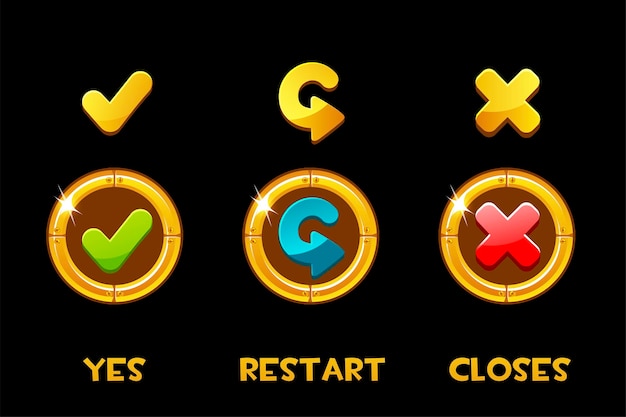 Collection of isolated golden yes, restart and closes buttons and icons