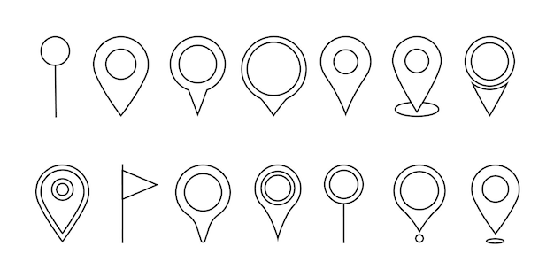 Collection of map pointers in line art isolated on white background