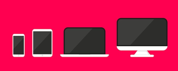 Collection of modern digital devices mockup template. Set of vector icons smartphone, tablet, laptop and computer. Electronic devices and gadgets icons for web and mobile. Responsive flat web devices