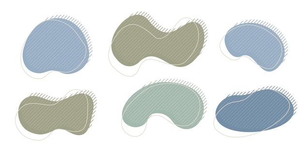 Collection of organic irregular blob shape with decorative stripes and stroke line Gray blue random deform circle spot Isolated white background Organic amoeba Doodle elements Vector illustration