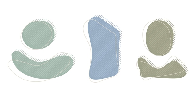 Collection of organic irregular blob shape with decorative stripes and stroke line Gray blue random deform circle spot Isolated white background Organic amoeba Doodle elements Vector illustration