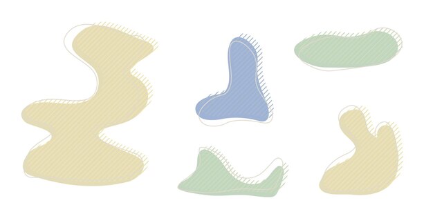 collection of organic irregular blob shape with decorative stripes and stroke line yellow blue random deform circle spot isolated white background organic amoeba doodle elements vector illustration