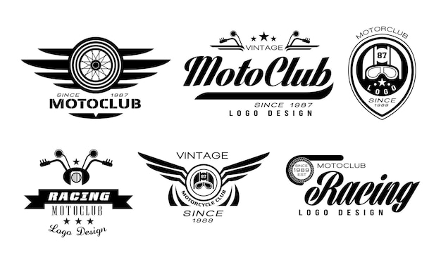 Collection of original emblems for moto racing club Vintage logo templates with wheels helmets and motorcycle handlebars Monochrome labels Vector illustrations isolated on white background