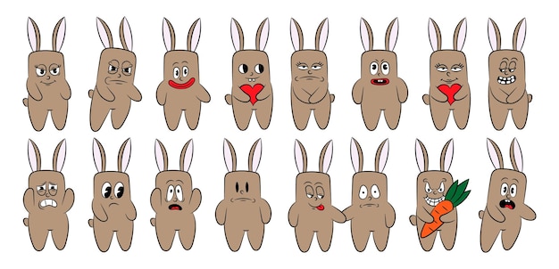 Collection of retro characters hares hippie stickers comic style set of cartoon rabbits with different cheerful emotions Funny character mascot sticker vector illustration