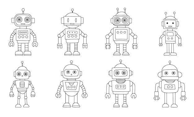 Collection of retro robot character in doodle style Hand drawn vector art