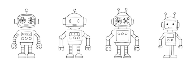Collection of retro robot in doodle style Hand drawn vector art