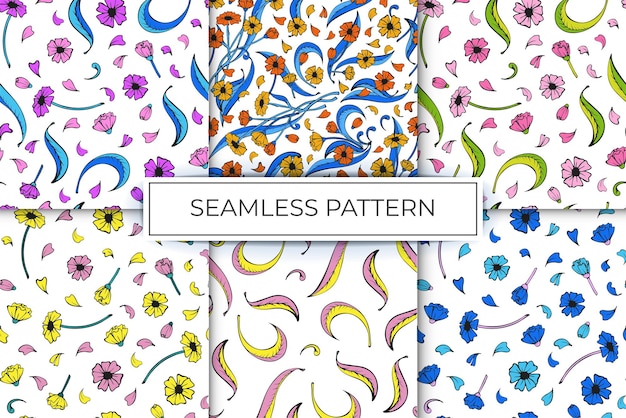 Collection of seamless patterns of floral patterns from simple lines multicolor