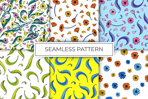 Collection of seamless patterns of floral patterns from simple lines multicolor
