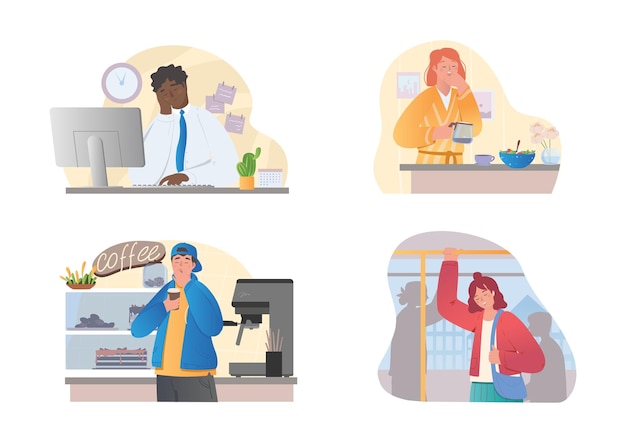 Collection of sleepy people in various situation drowsiness due to poor sleep and fatigue at work