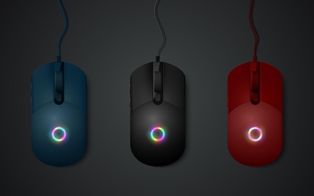 Collection of three realistic multicolored computer mice on a dark background