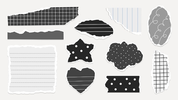 Collection of torn paper shapes featuring black and white patterns