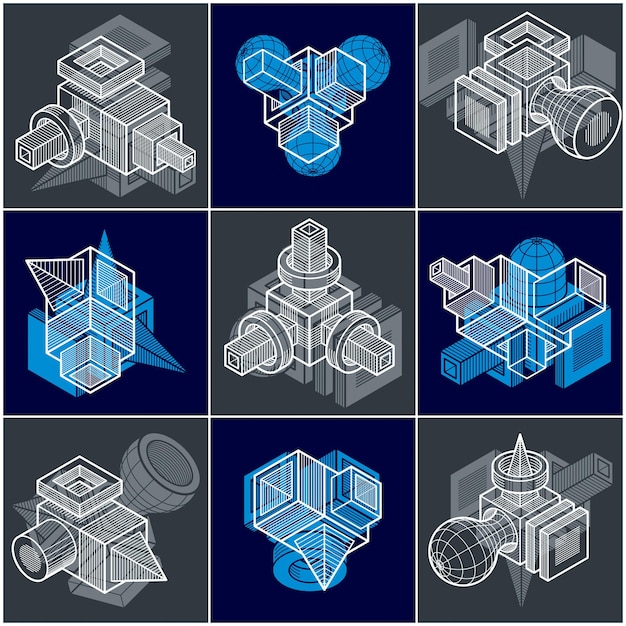 Collection of vector abstract different dimensional geometric shapes.