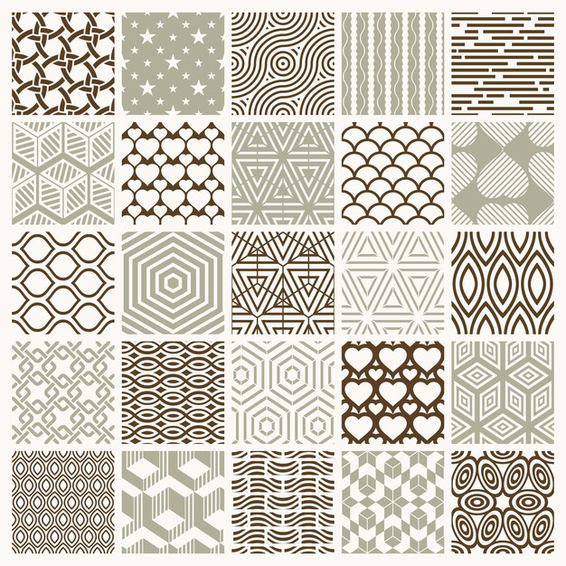 collection of vector abstract seamless compositions best for use as wrapping papers, symmetric ornate backgrounds created with simple geometric shapes.