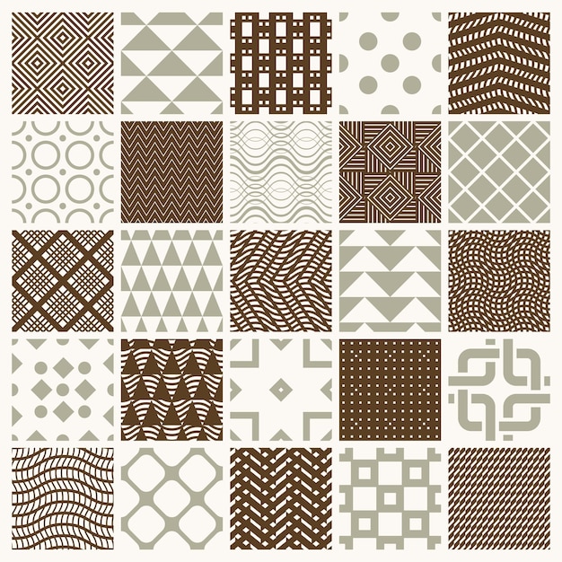 collection of vector abstract seamless compositions best for use as wrapping papers, symmetric ornate backgrounds created with simple geometric shapes.